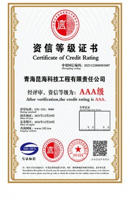 AAA級資信等級證書